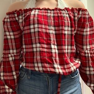 Plaid off the shoulder hollister shirt.